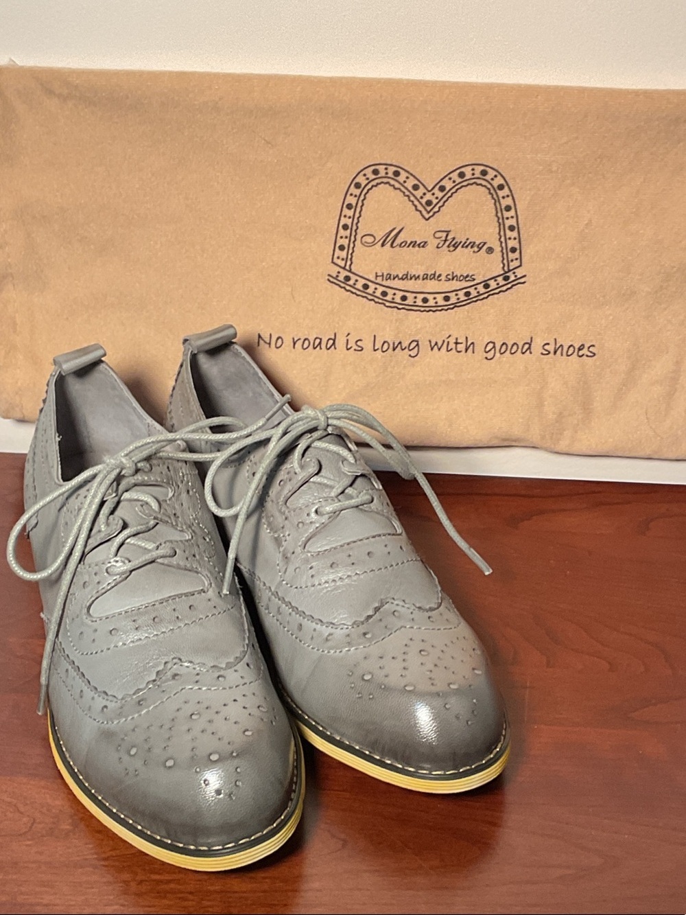 Mona Flying Women’s Handmade Leather Oxford Shoes Gray Size 41
